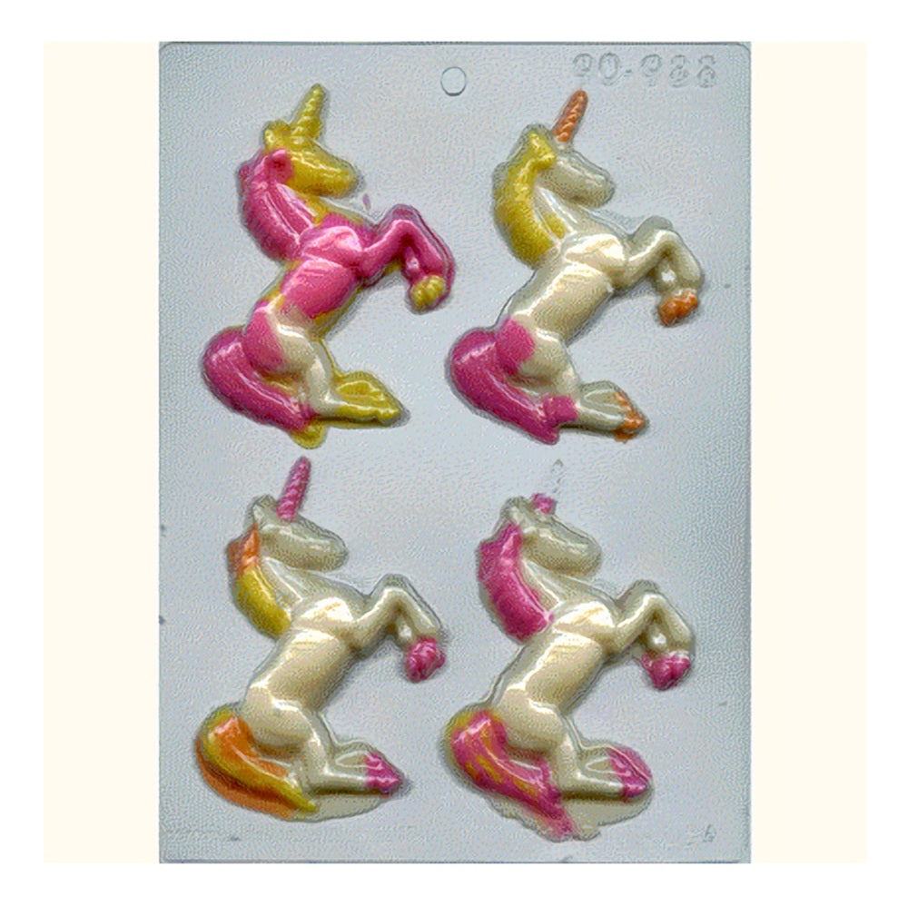The image presents a chocolate mold with cavities shaped like prancing unicorns, complete with their iconic spiraled horns and flowing manes. This whimsical mold is perfect for creating enchanting unicorn-themed chocolates, with details that suggest movement and magic in each piece.