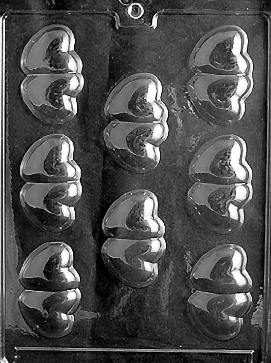 DOUBLE HEARTS chocolate mold with two connected heart cavities; clear mold sheet.
