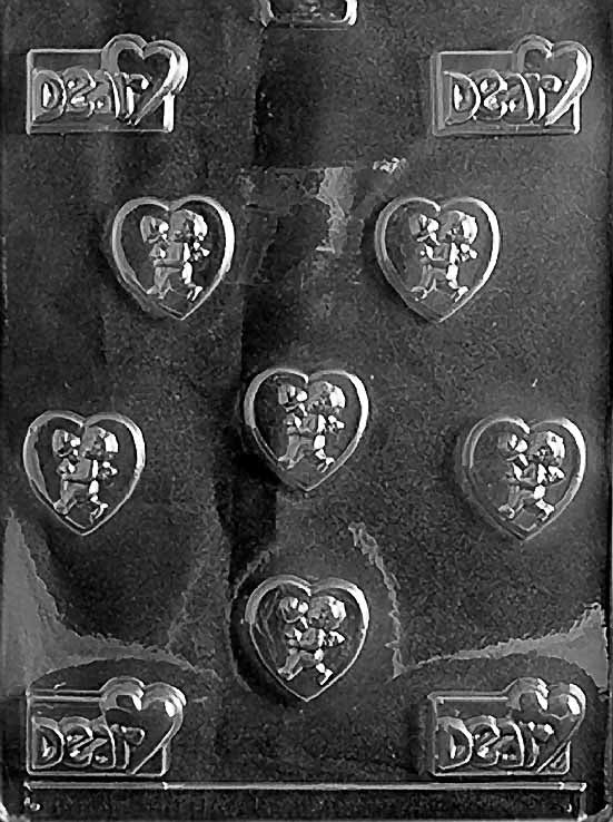 DEAR HEARTS chocolate mold with assorted heart-shaped cavities in multiple sizes; clear mold.