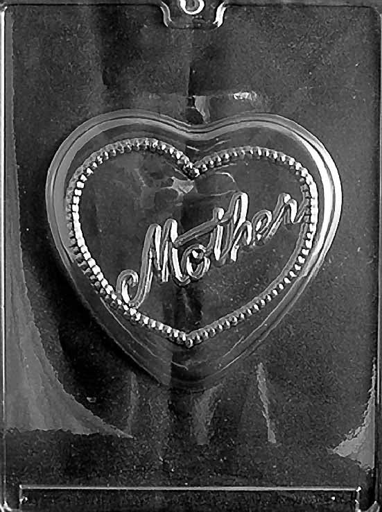 MOTHER HEART chocolate mold with large heart cavity embossed with “Mother”; clear mold.