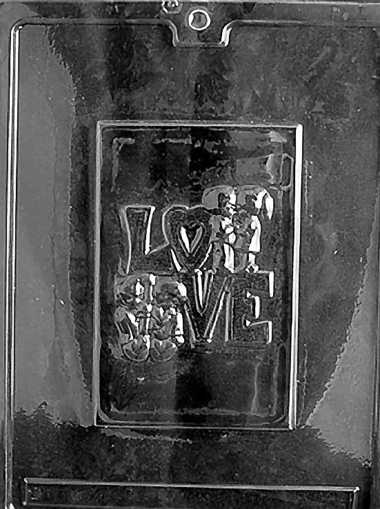 LOVE CARD chocolate mold shaped like a card with embossed love text; clear mold.