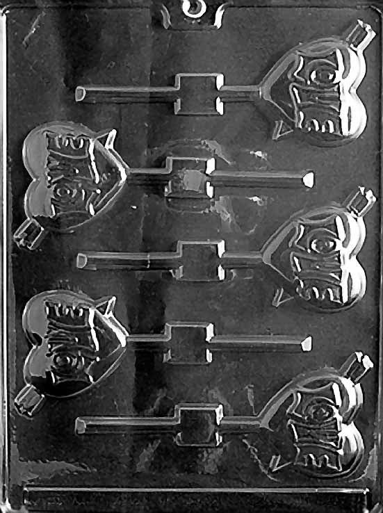 LOVE ARROW Lollipop chocolate mold with heart and arrow lollipop cavities; clear sheet.