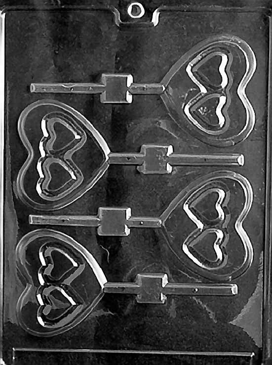 DOUBLE HEART Lollipop chocolate mold with lollipop cavities featuring two connected hearts; clear mold.