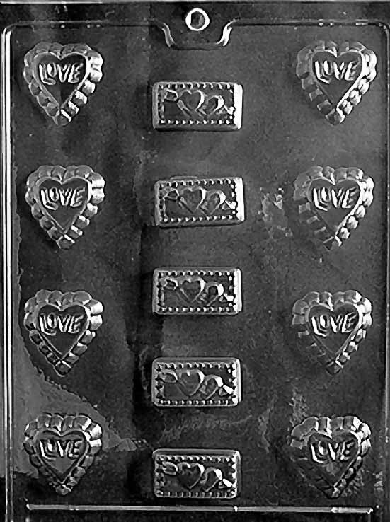 LOVE ASSORTMENT chocolate mold with multiple small romantic-shaped cavities; clear mold.
