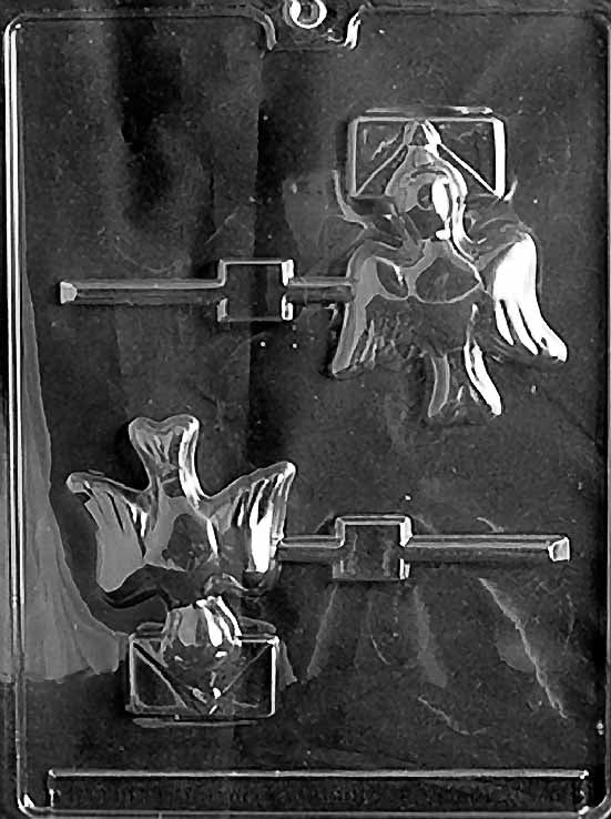 LOVE NOTE Lollipop chocolate mold with lollipop cavities shaped like love notes; clear sheet.