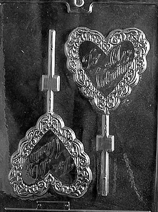 LARGE BE MY VALENTINE Lollipop chocolate mold with large heart lollipop cavities embossed with text; clear mold.