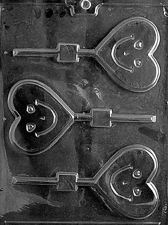 HAPPY HEART Lollipop chocolate mold with heart lollipop cavities in cheerful design; clear sheet.
