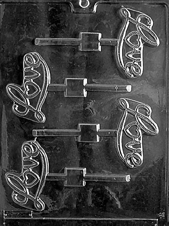 LOVE Lollipop chocolate mold with lollipop cavities embossed with “Love”; clear mold.
