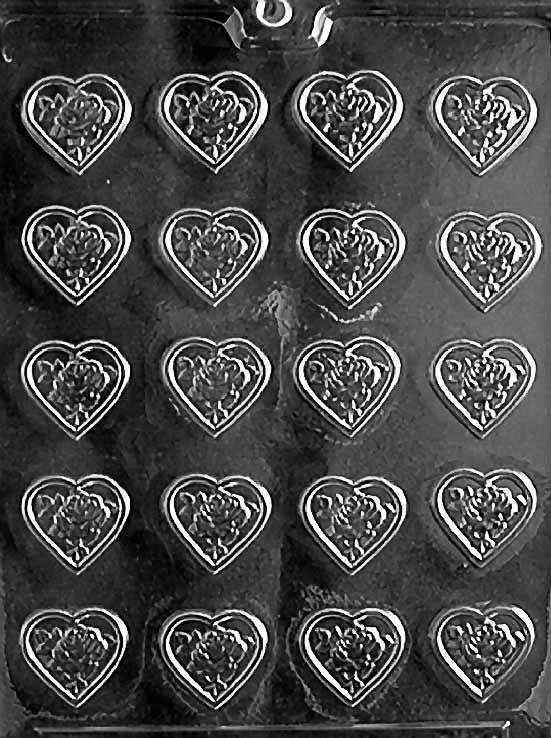 Bite-Sized ROSE HEART MINT chocolate mold with small rose-accented heart cavities; clear mold.