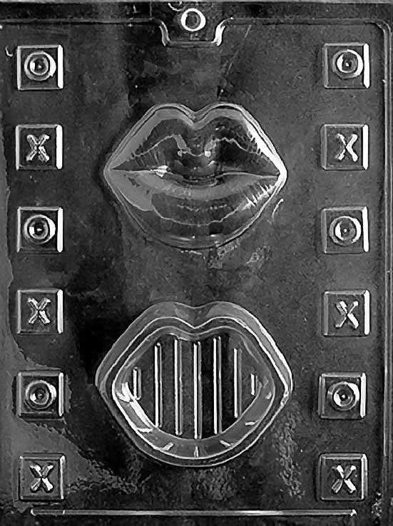 LIPS POUR BOX chocolate mold with cavities shaped like lip containers; clear mold.
