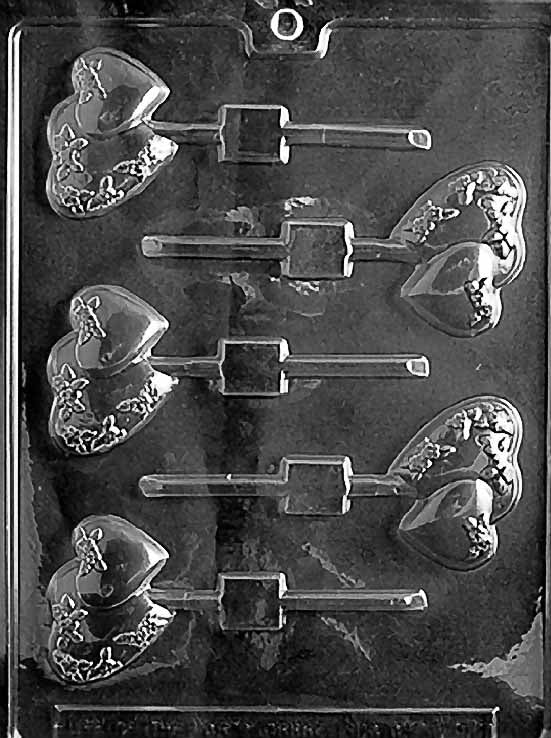 SMALL DOUBLE HEART Lollipop chocolate mold with lollipop cavities showing two joined hearts; clear mold.