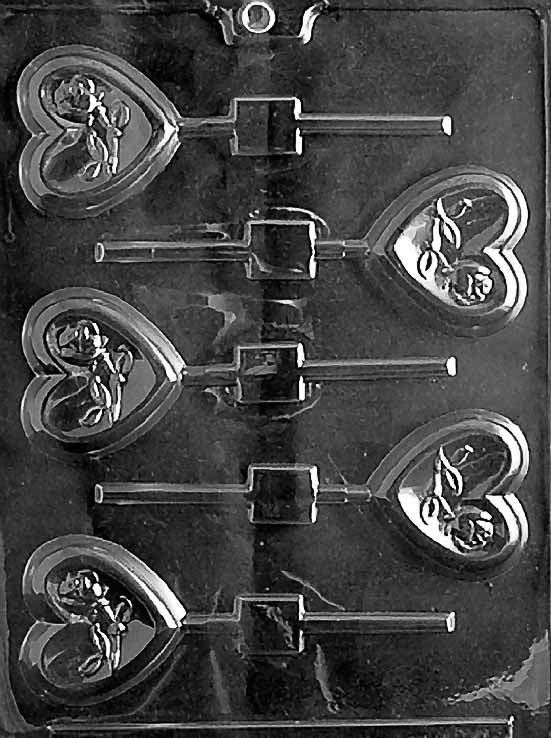 HEART WITH ROSES Lollipop chocolate mold with heart and rose lollipop cavities; clear mold.