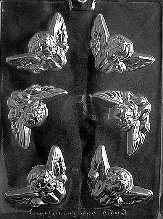 CHERUBS chocolate mold with angelic cherub-shaped candy cavities; clear mold.