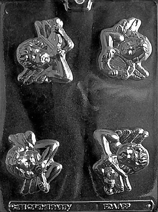 CHERUB MUSICAL ASSORTMENT chocolate mold with cherub-themed musical candy cavities; clear mold.