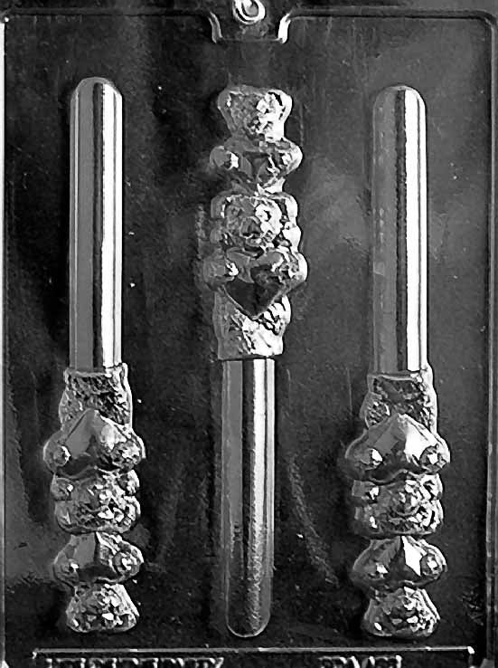VALENTINE BEAR PRETZEL chocolate mold with bear and heart cavities sized for pretzel rods; clear mold.