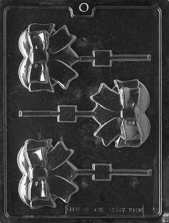HEART WITH BOW Lollipop chocolate mold with heart and bow lollipop cavities; clear mold.