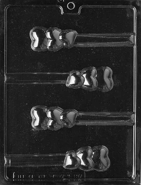 TRIPLE HEART PRETZEL chocolate mold with triple heart cavities for pretzel rods; clear mold.