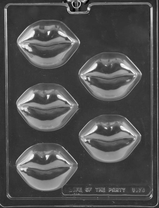 FULL LIPS COOKIE chocolate mold with cavities shaped like bold lips; clear mold.