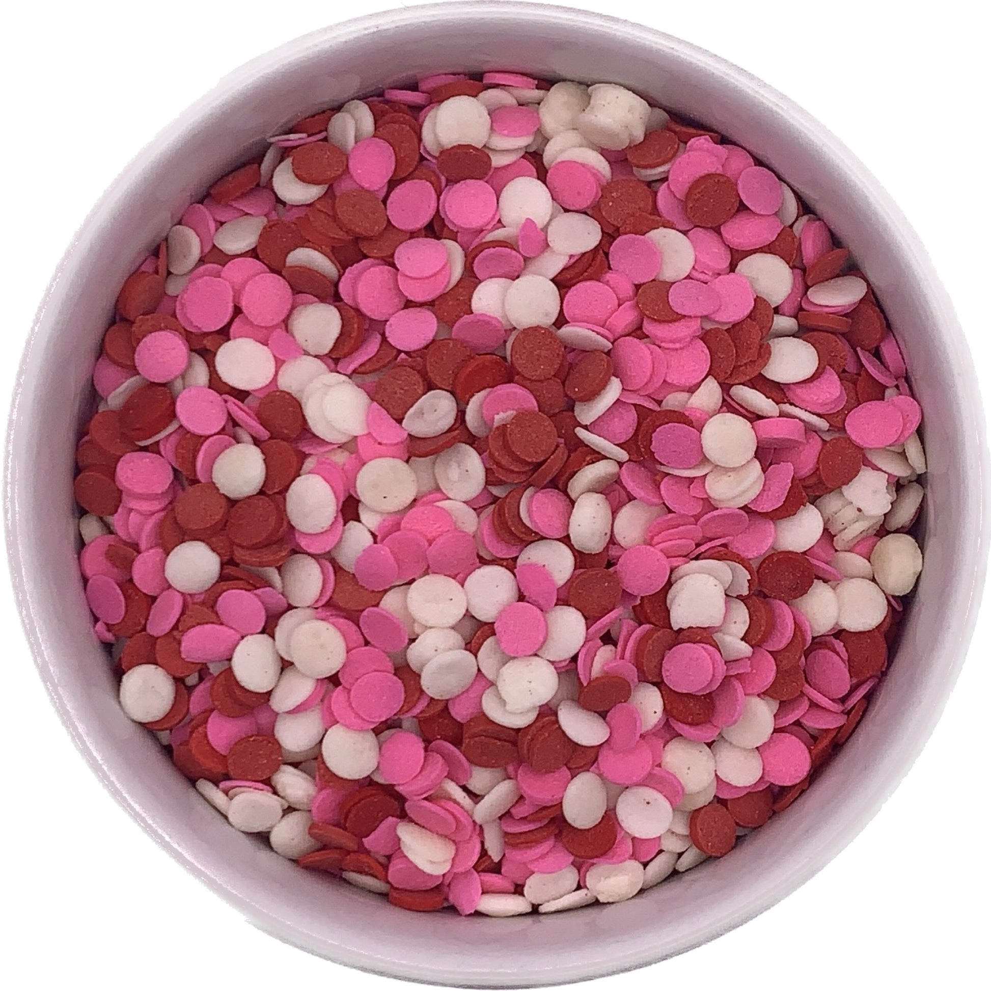 Valentine Sequin Mix sprinkles in red, pink, and white round confetti shapes, shown in a 4 oz container for cake and cookie decorating.