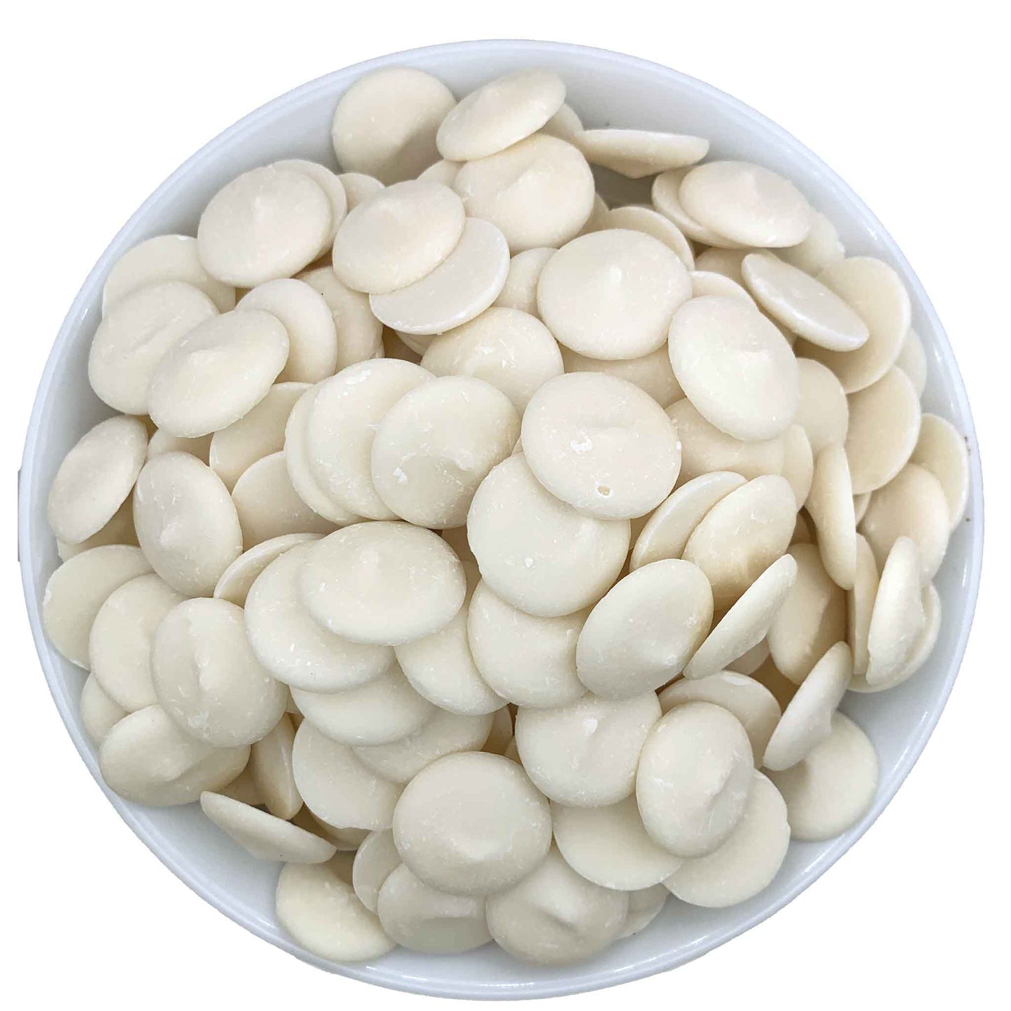 Full white bowl of pristine, round Vegan and dairy free white chocolate candy melts, ideal for creating creamy confections and exquisite chocolate treats, presented on a white background.