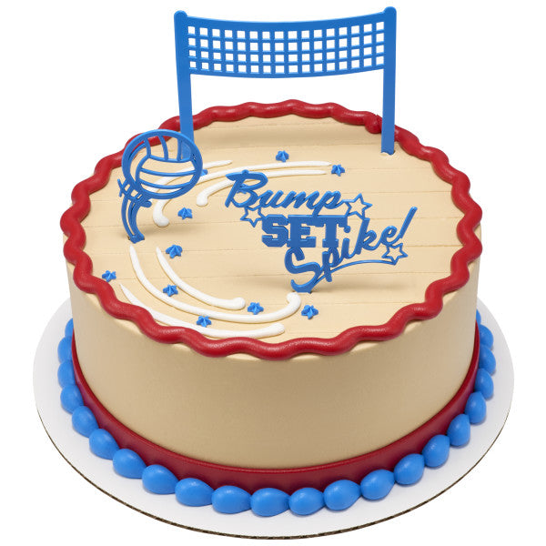 Round cake with red and blue trim, topped with volleyball-themed cake toppers and court-style piping.