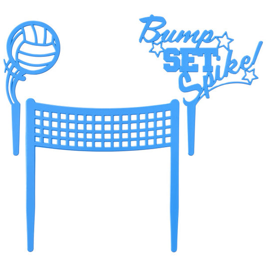 Three-piece blue volleyball cake topper set with a net, volleyball, and "Bump Set Spike!" script pick.