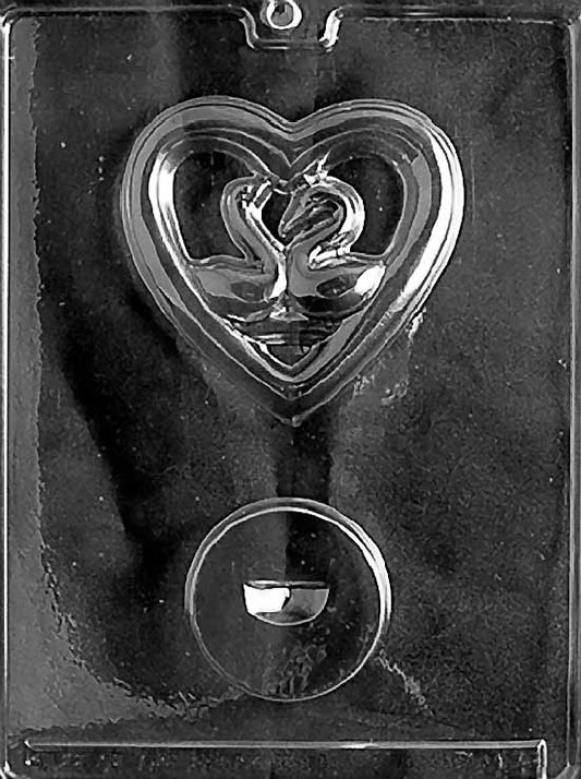 SWANS IN HEART-STANDS UP FOR chocolate mold; swans in heart design.