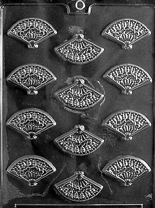 Fan Mints mold W029, small chocolate fan motif with spread ribs; thin plaque form.