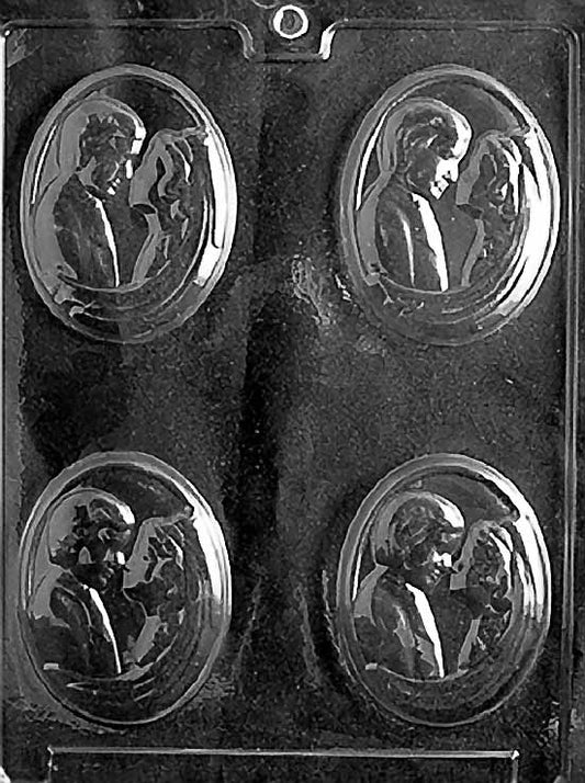 Bride and Groom Medallion mold W031, oval chocolate plaque with raised couple silhouette; smooth background.