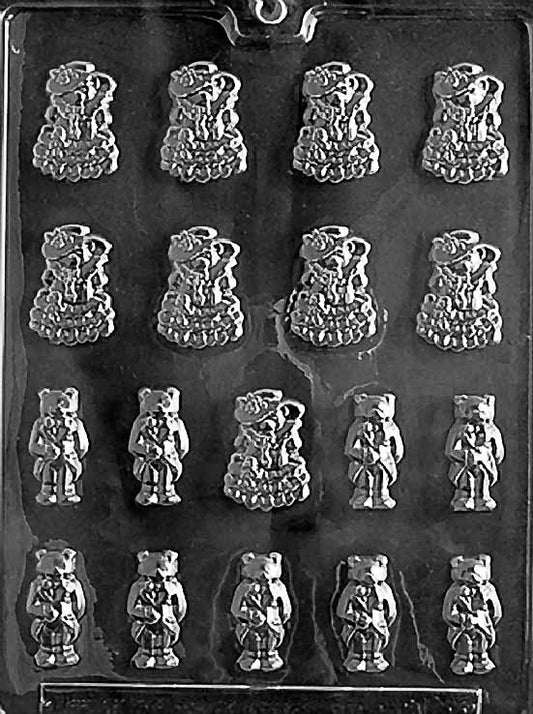 Bride and Groom Bears mold W033, small bear figures with tuxedo and veil details; shallow relief.