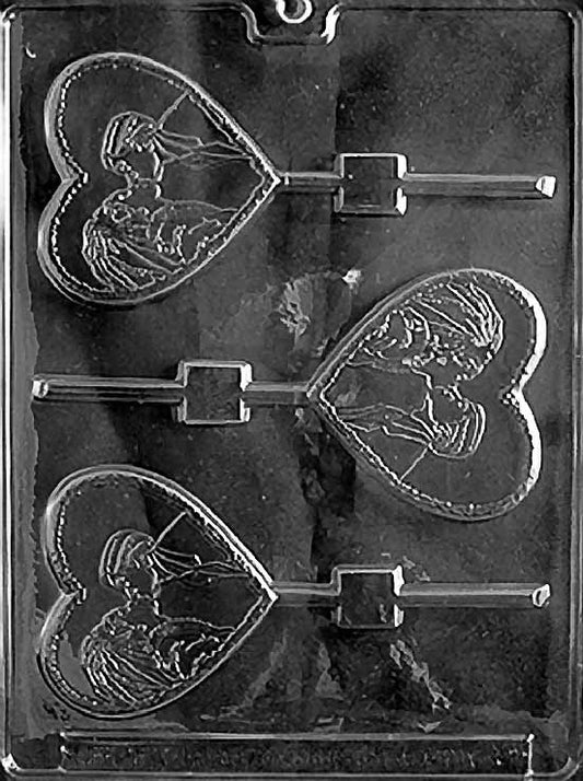 Bride and Groom Heart Lollipop mold W042, round chocolate lollipop with heart framing a bride and groom motif; clean circular shape.