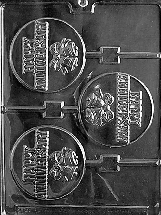 Happy Anniversary Pop mold W050, rectangular chocolate lollipop with raised Happy Anniversary text; smooth plaque with clean edges.