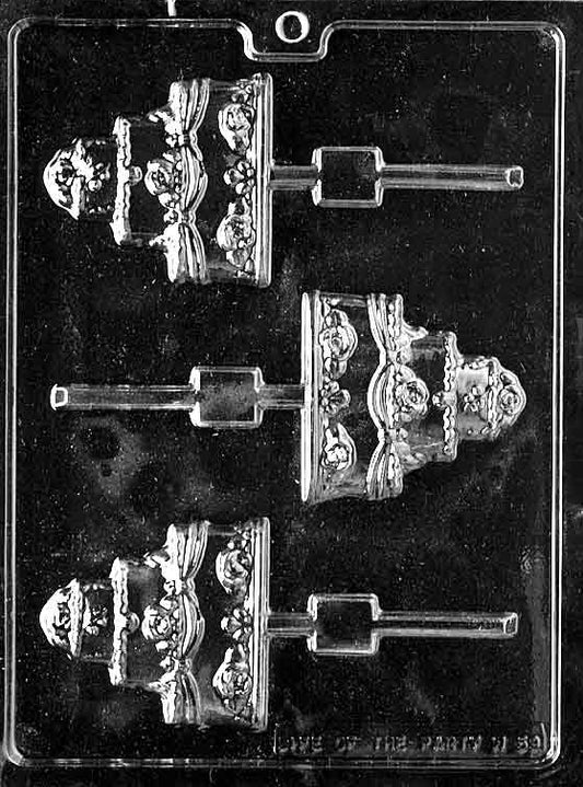 Wedding Cake Lollipop mold W059, chocolate lollipop shaped like a small tiered wedding cake; smooth tiers for decorating.