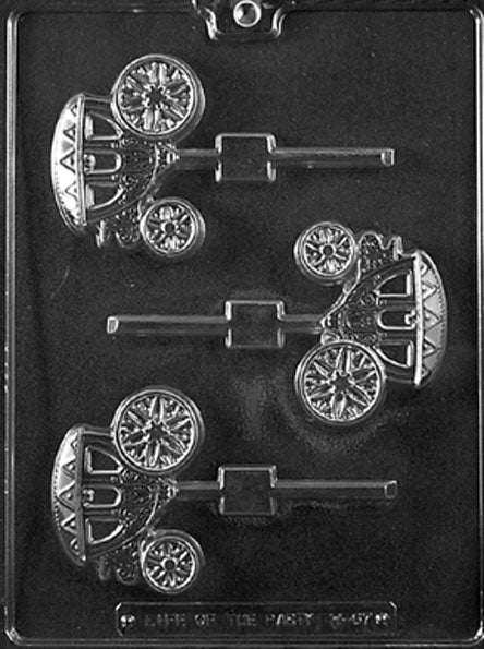 Wedding Carriage/Coach Lollipop mold W067, chocolate lollipop shaped like a horse-drawn coach with wheels and canopy; whimsical silhouette.
