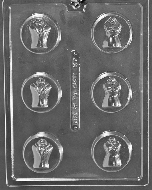 Bride and Groom Cookie mold W070, round chocolate-covered cookie top with bride and groom figures; smooth sides.
