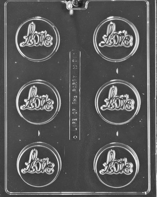 LOVE Cookie mold W071, chocolate-covered cookie with raised LOVE text; smooth round profile.