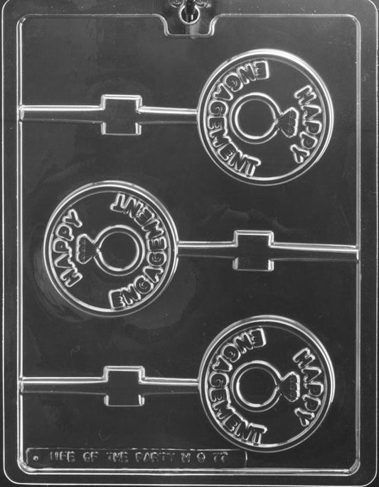 Happy Engagement Lollipop mold W077, rectangular chocolate pop with raised Happy Engagement text; smooth plaque.