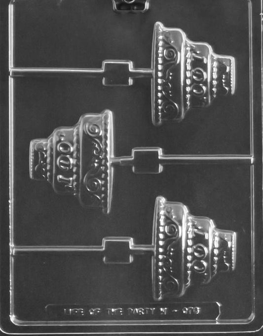 I Do Cake Lollipop mold W078, chocolate pop shaped like a small tiered cake with I Do lettering; clean layers.