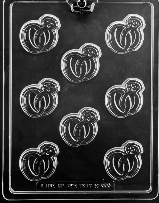Diamond Rings Topper mold W080, delicate chocolate topper with two interlocked rings and faceted gems; slim profile.