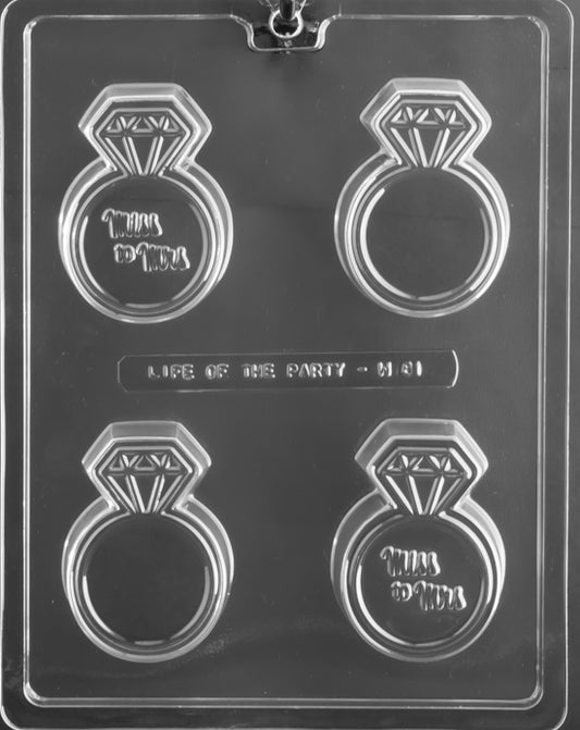 Wedding Ring Cookie MS TO MRS mold W081, oversized ring motif on a cookie cover with Ms to Mrs text; smooth edges.