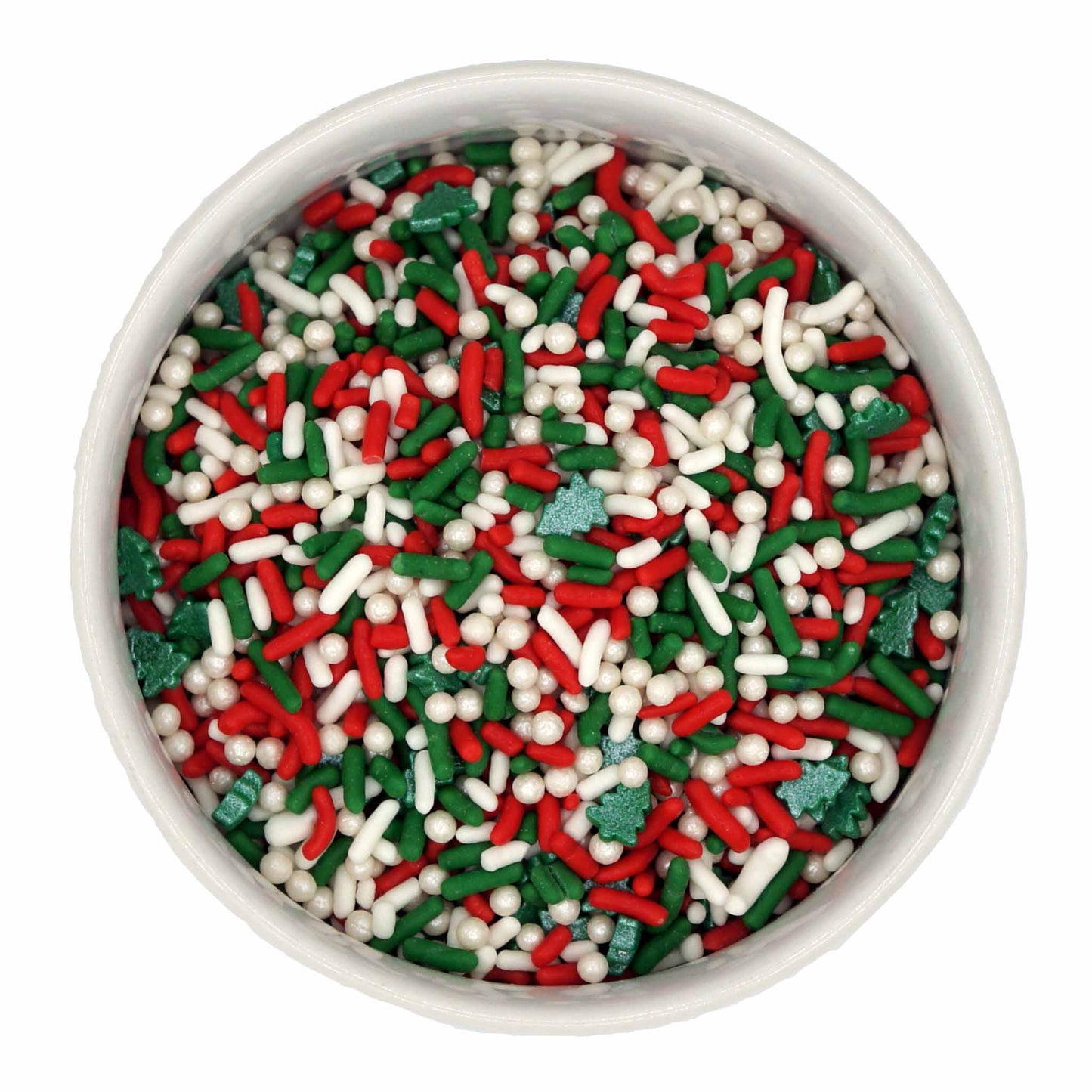 Festive "Waiting for Santa" sprinkle blend featuring red, green, and white jimmies, shimmering pearls, and Christmas tree confetti.