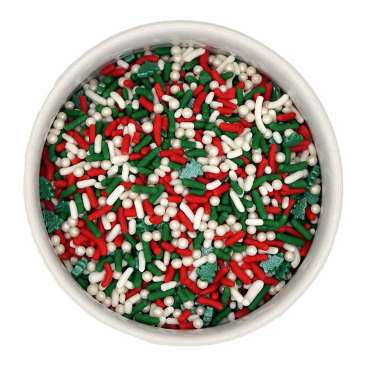 Festive "Waiting for Santa" sprinkle blend featuring red, green, and white jimmies, shimmering pearls, and Christmas tree confetti.