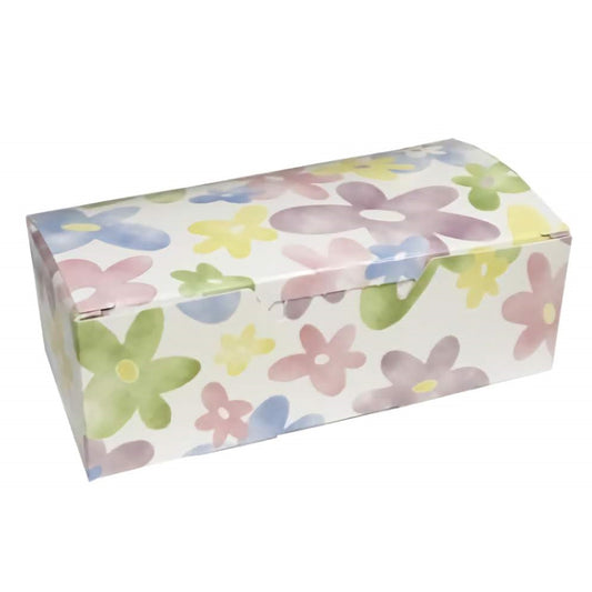 The image shows a candy box with a half-pound capacity, adorned with a watercolor daisy design. The pattern features a soft pastel color palette with flowers in shades of pink, blue, yellow, and green, giving it a cheerful and spring-like feel. This box is ideal for gifting small confectionery items, and the floral design suggests it may be particularly suitable for events such as Easter, Mother's Day, or springtime celebrations.