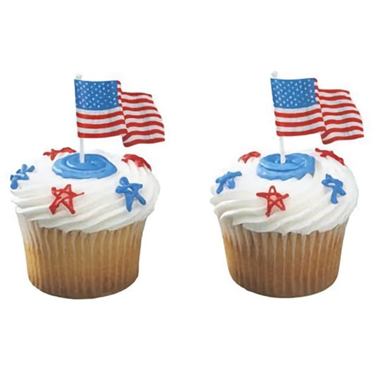 Festive cupcakes decorated with American flag toppers showcasing rippled flags for a dynamic look, ideal for Fourth of July or Memorial Day baked treats.