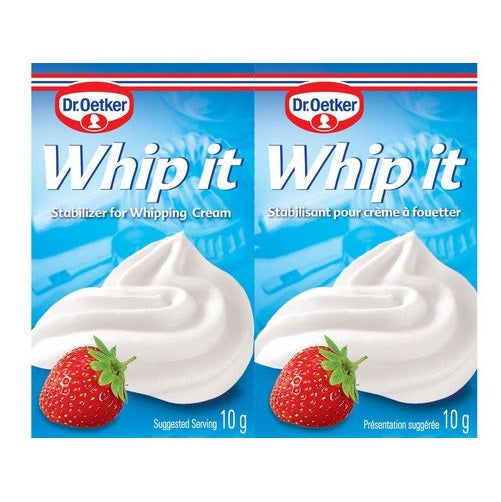 2 packs of Dr. Oetker Whip It whipped cream stabilizer featuring two packets, with whipped cream swirls and strawberries on the front.