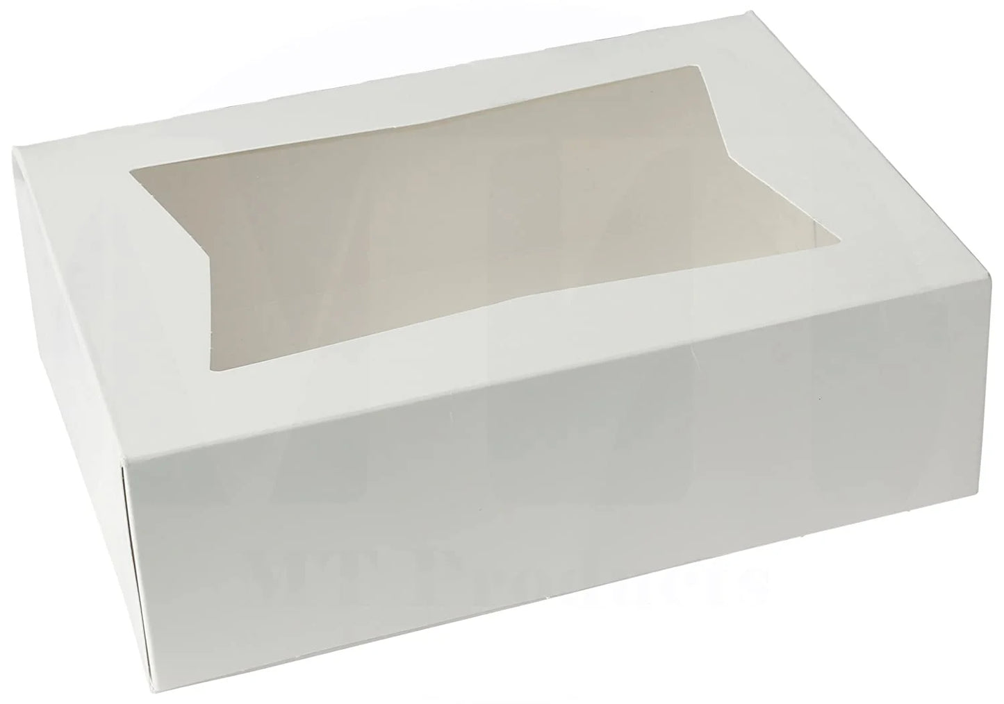 White auto-popup bakery box with a clear window, designed for packaging cookies, pastries, and baked goods.