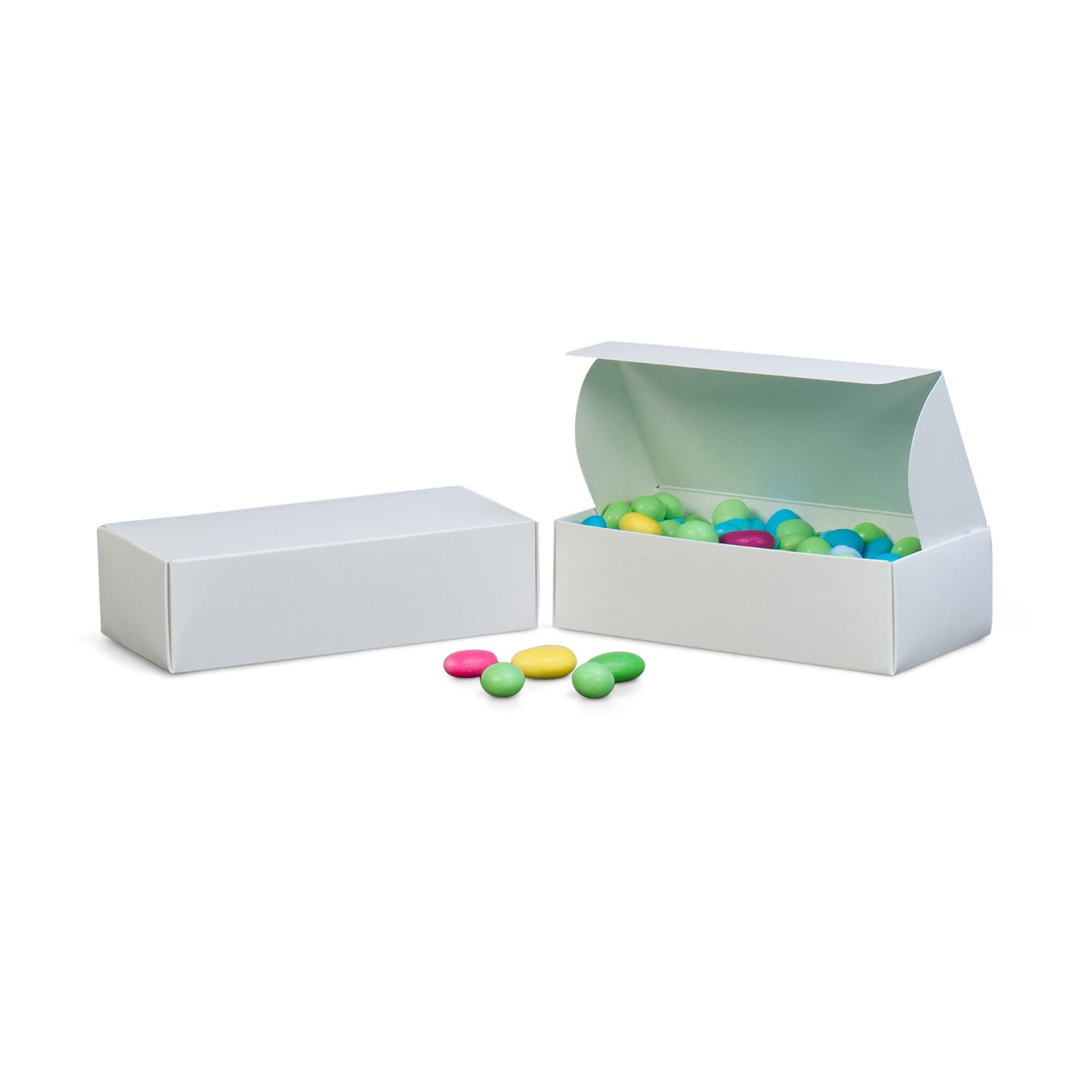 White candy box with colorful candies inside, ideal for gifting or retailing 1 lb of confections.