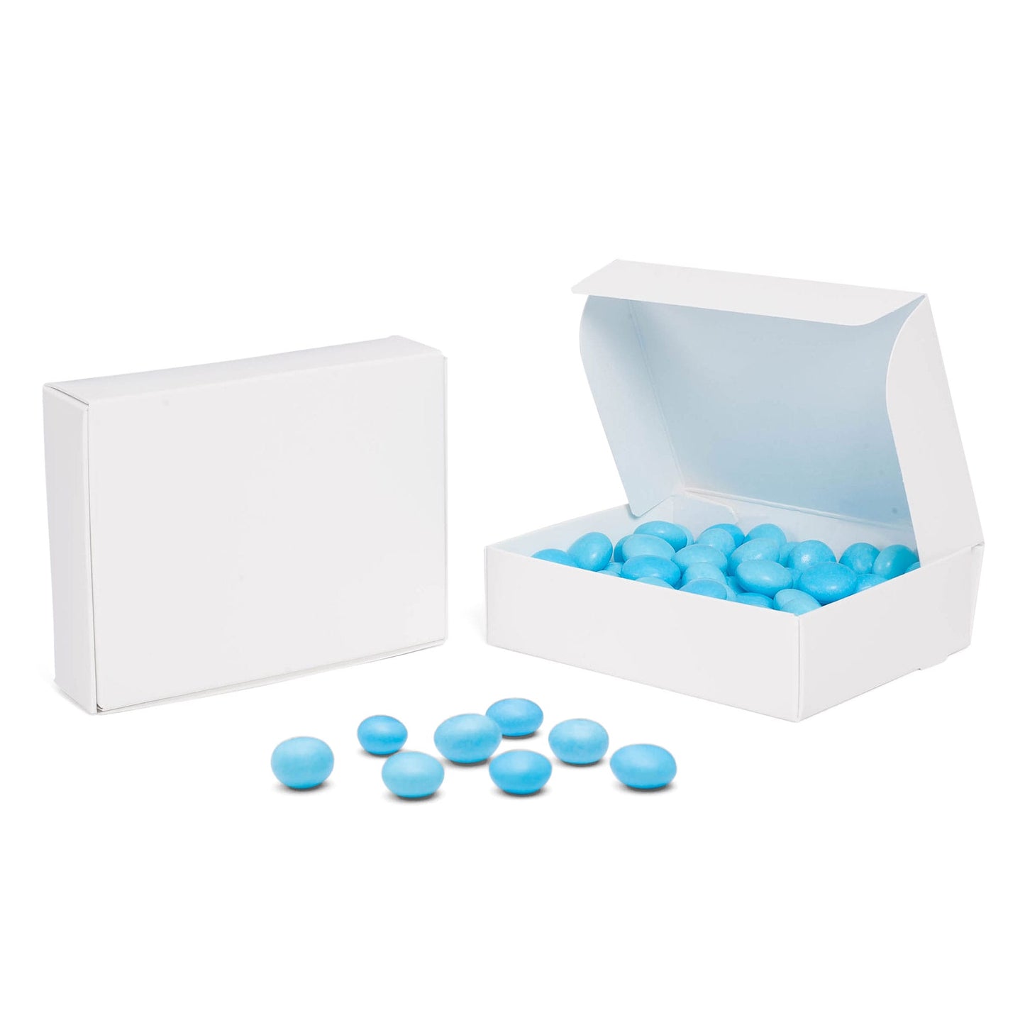 White candy box with blue candies inside, ideal for party favors, wedding treats, and small gifts.