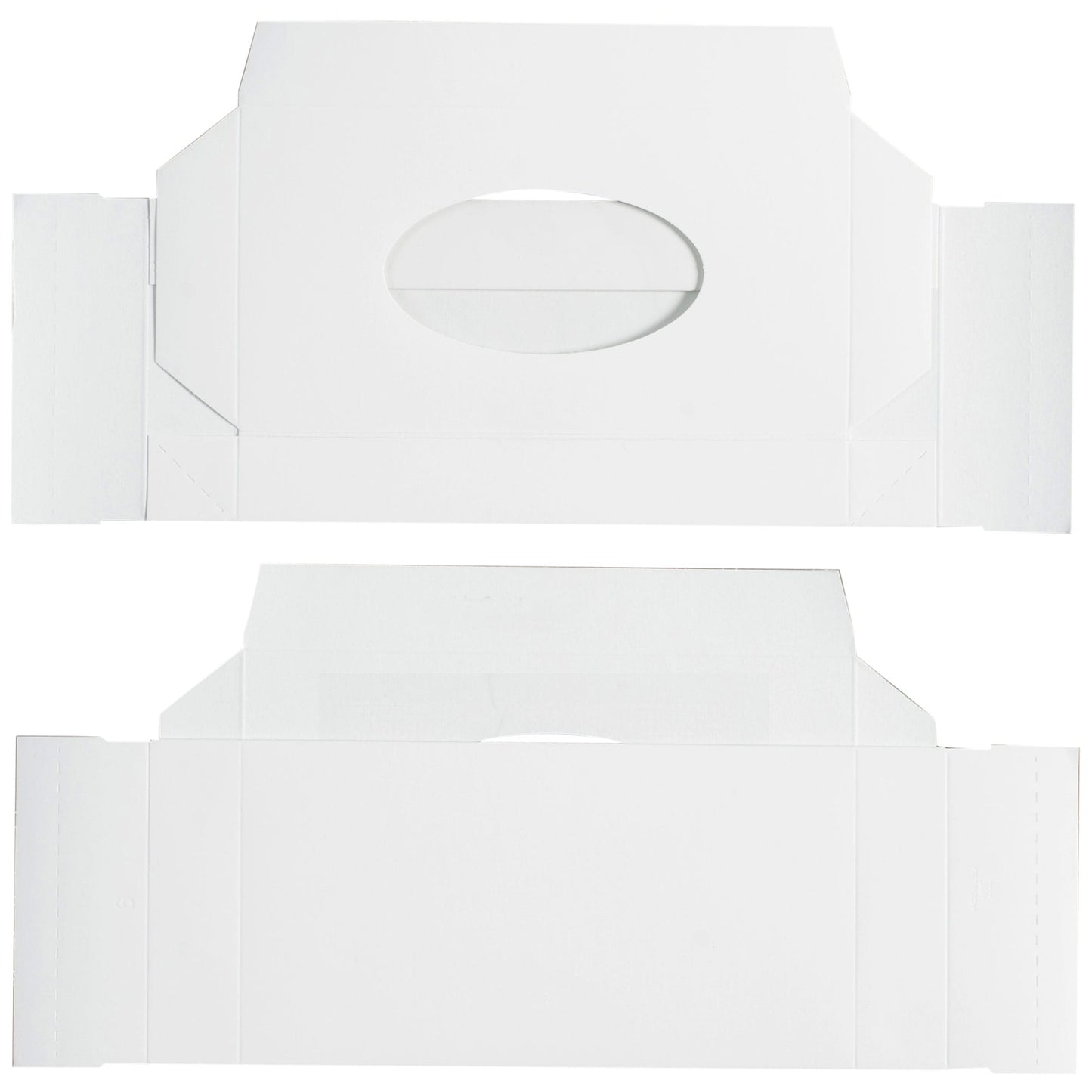 White candy box with window, flattened in an unassembled layout to show its construction. 1-piece, 1/2 lb capacity for candy or fudge