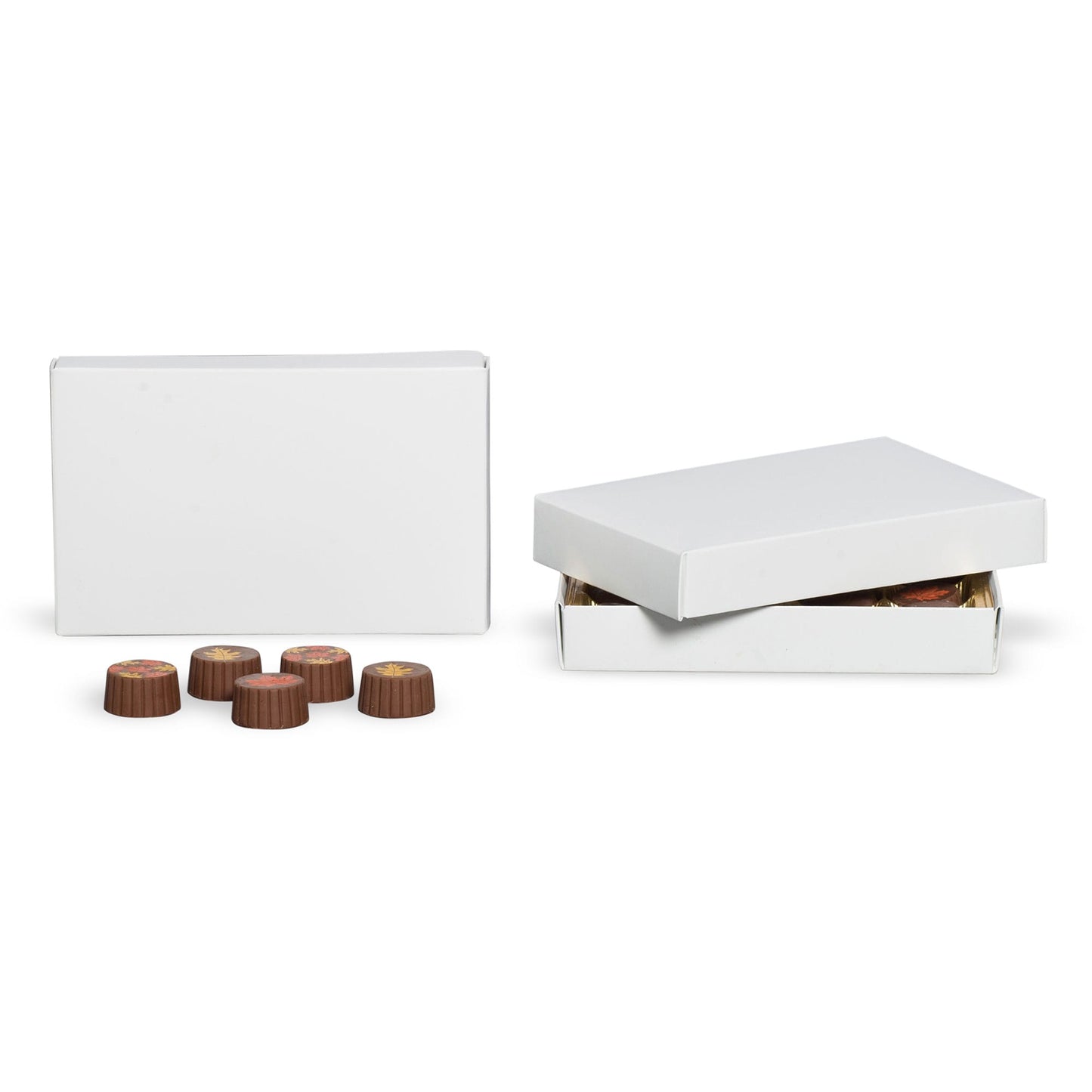 White 1/2 lb candy box with a two-piece design, shown with assorted chocolates, ideal for packaging truffles and other sweets.